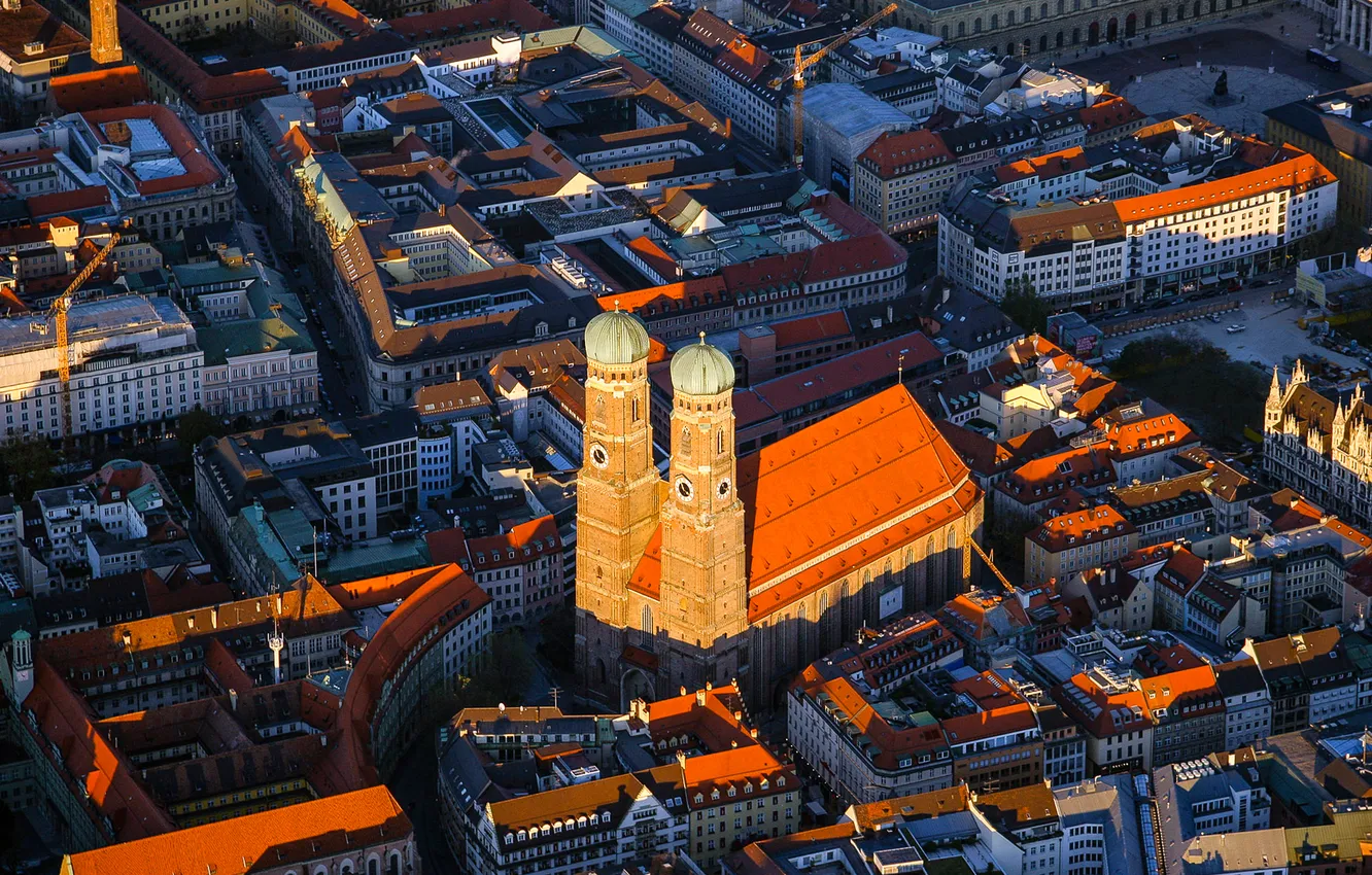 Фото обои башня, дома, Германия, Мюнхен, Бавария, панорама, Фрауэнкирхе