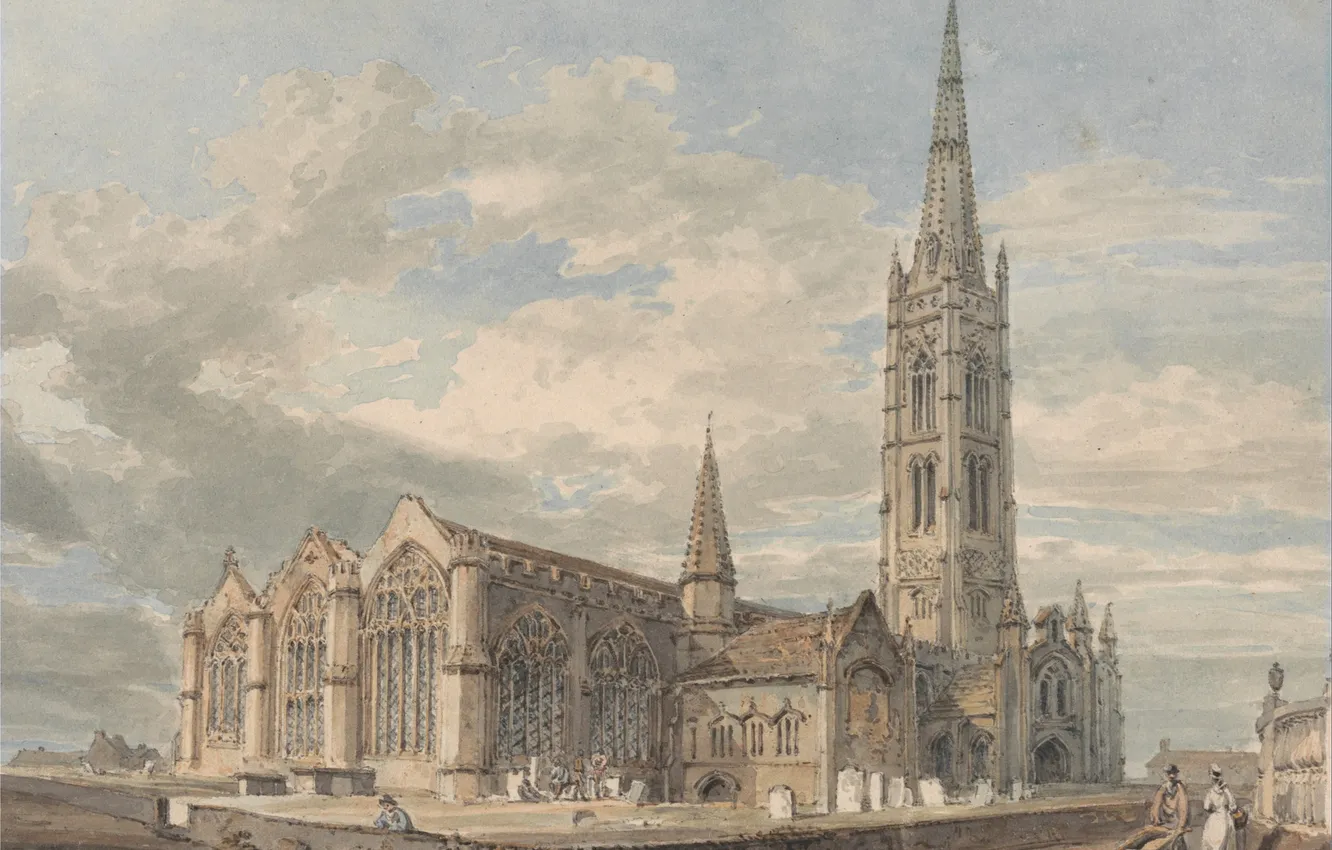 Фото обои пейзаж, башня, картина, акварель, церковь, Уильям Тёрнер, Lincolnshire, North East View of Grantham Church