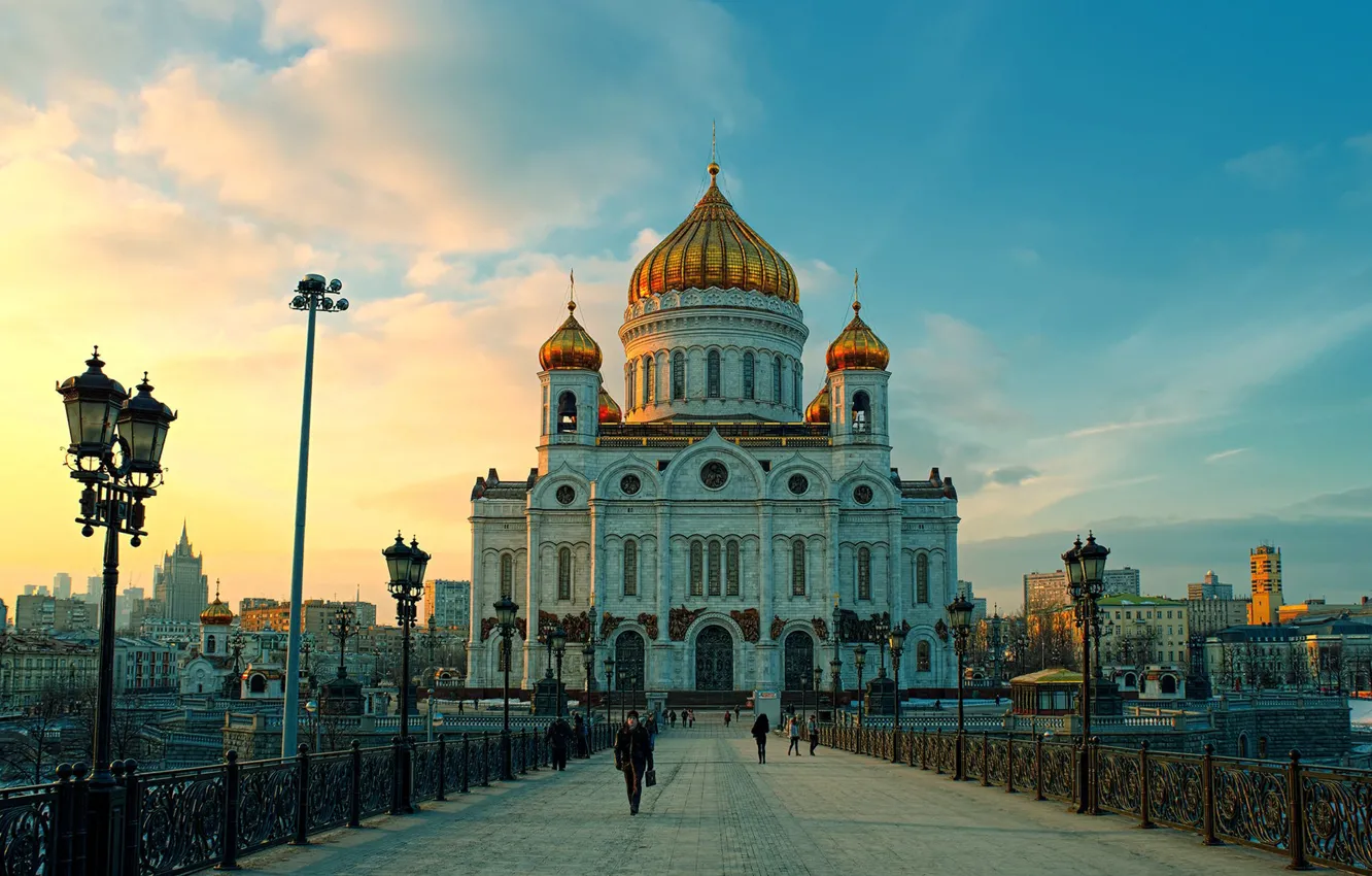 Фото обои Дорога, Мост, Москва, Храм Христа Спасителя
