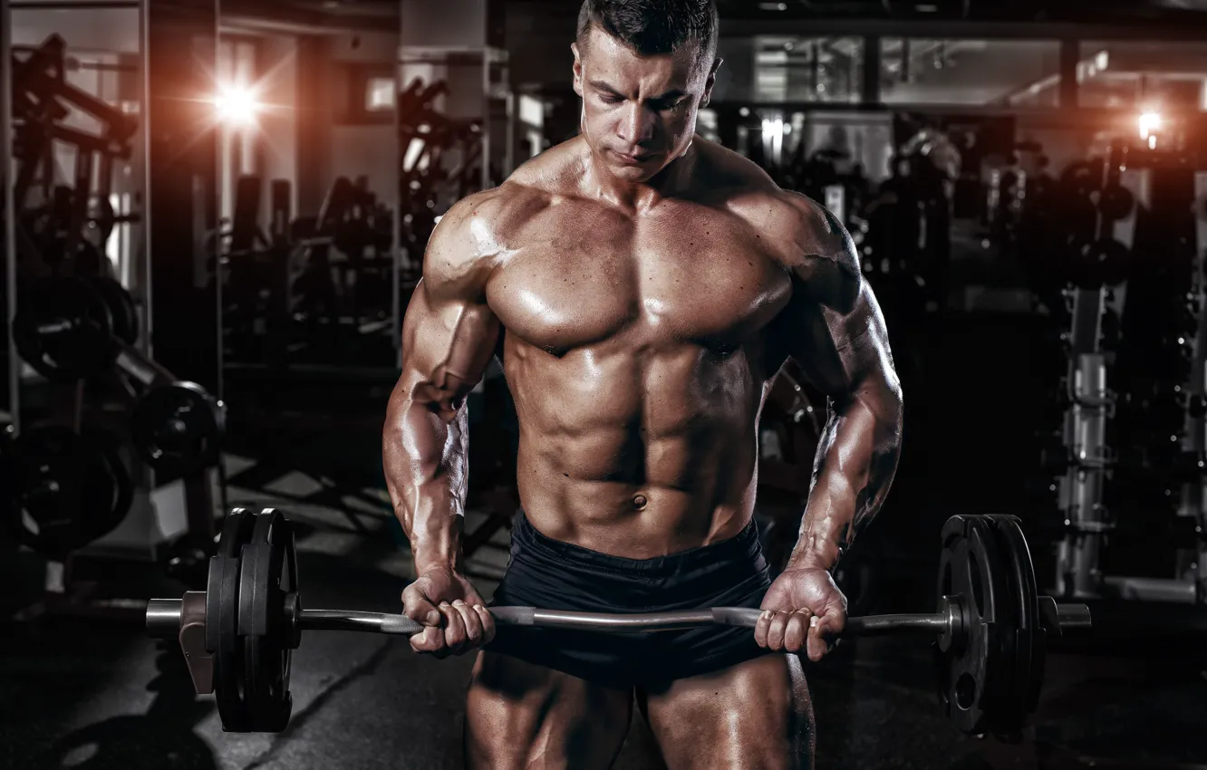 Фото обои поза, фигура, muscle, мышцы, штанга, пресс, бодибилдер, abs
