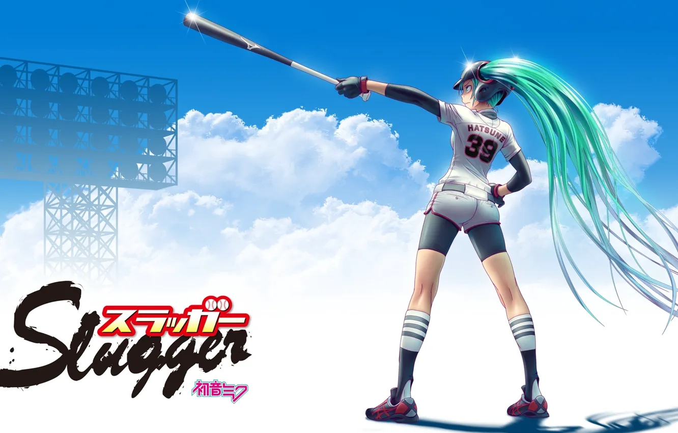 Фото обои облака, поза, шорты, бейсбол, vocaloid, Hatsune Miku, длинные волосы, кроссовки