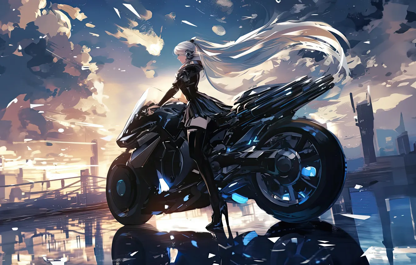 Фото обои girl, bike, anime, cyber, riding