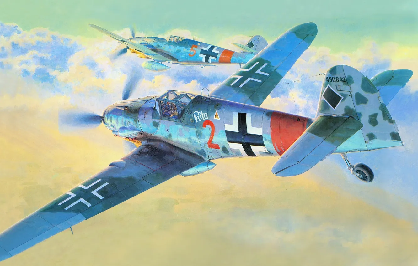 Фото обои war, art, painting, drawing, ww2, german aircraft, bf 109, german fighter