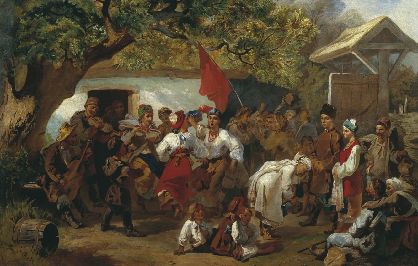 Фото обои масло, деревня, Холст, Свадьба, 1860, красный флаг, Иван СОКОЛОВ