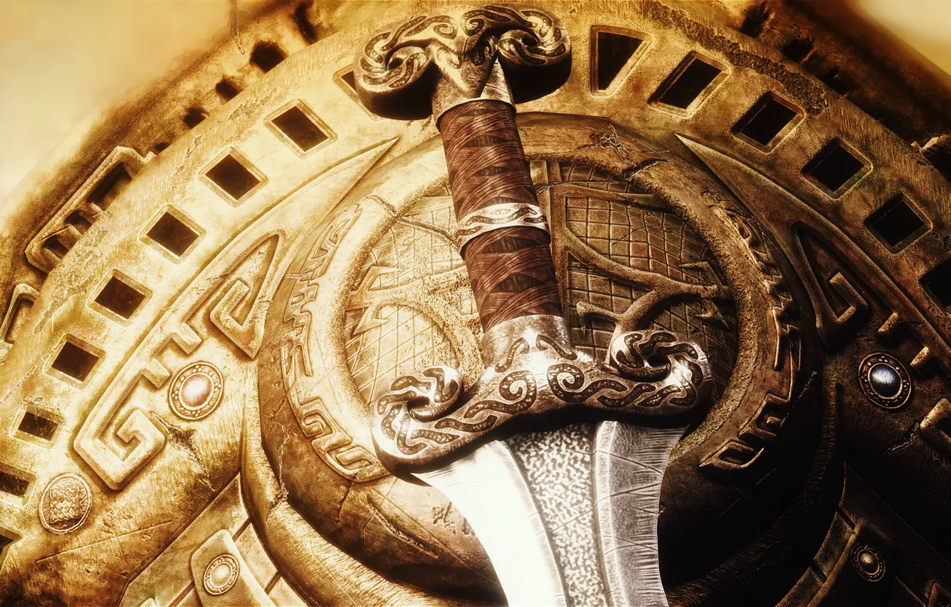 Фото обои оружие, меч, щит, клинок, Skyrim, The Elder Scrolls V