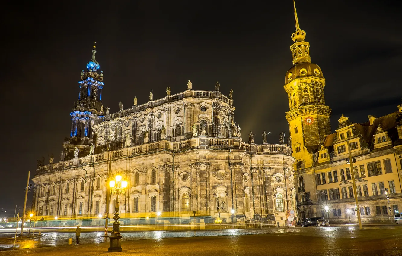 Фото обои ночь, огни, Германия, Дрезден, площадь