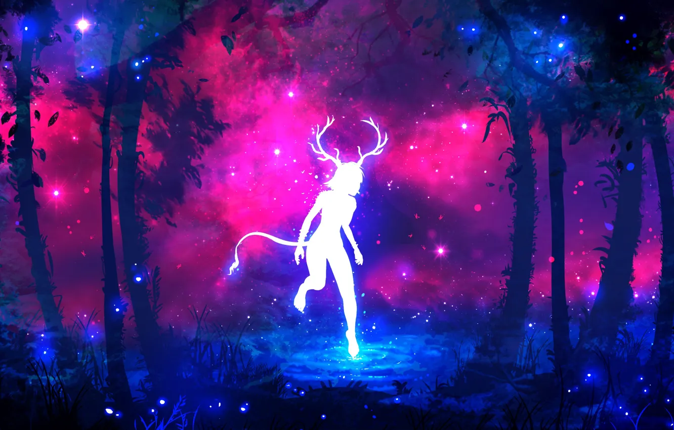 Фото обои лес, фиолетовый, трава, вода, девушка, космос, звезды, деревья