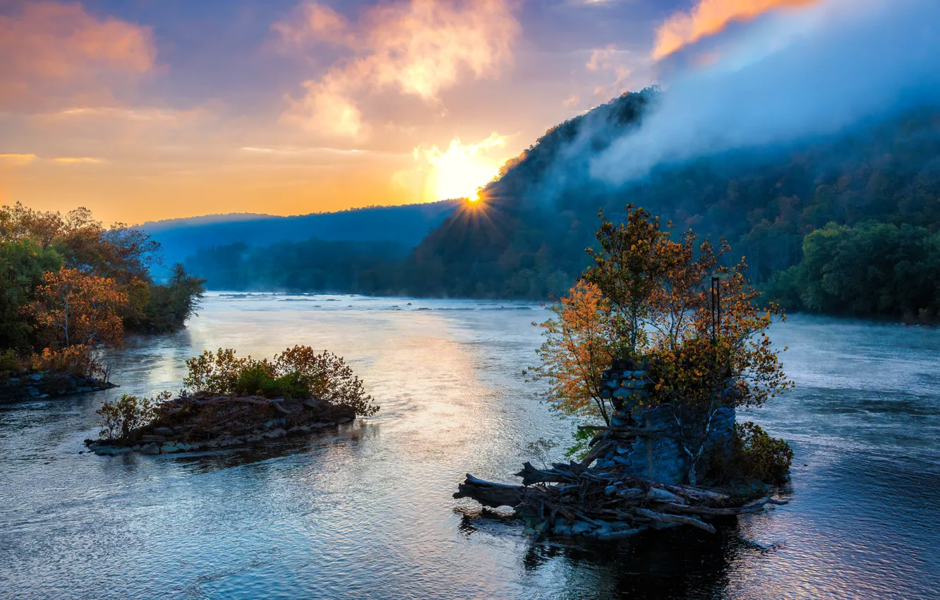 Фото обои осень, деревья, горы, река, восход, рассвет, утро, островки