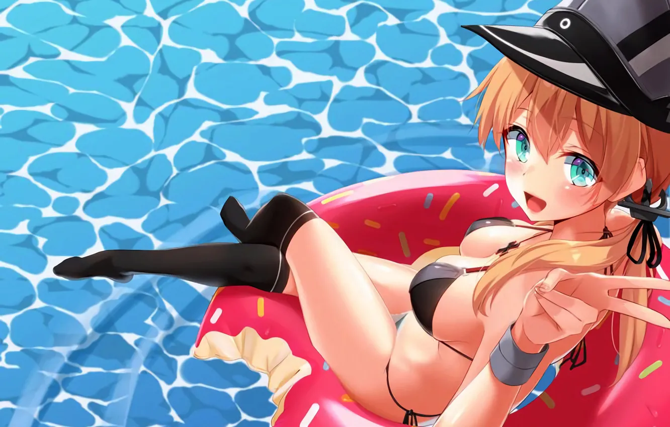 Фото обои girl, sexy, cleavage, green eyes, long hair, boobs, anime, water