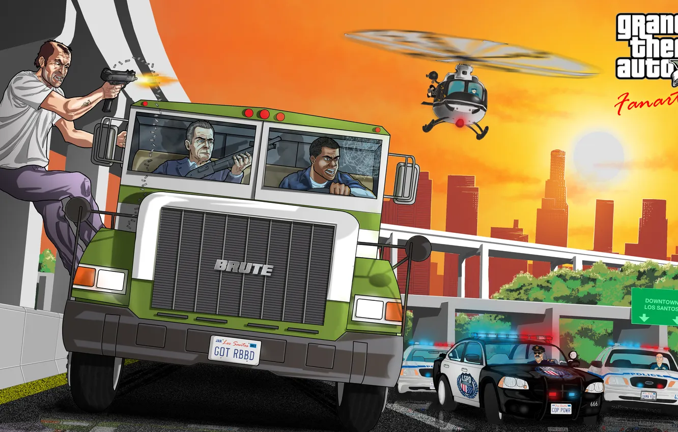 Фото обои машина, полиция, фургон, майкл, франклин, Grand Theft Auto V, лос сантос, тревор