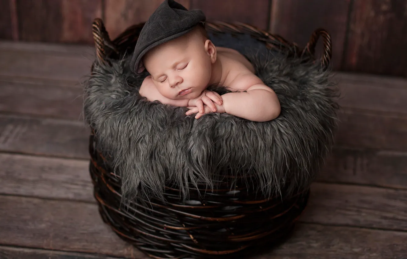 Фото обои корзина, доски, мальчик, малыш, мех, кепка, ребёнок, младенец