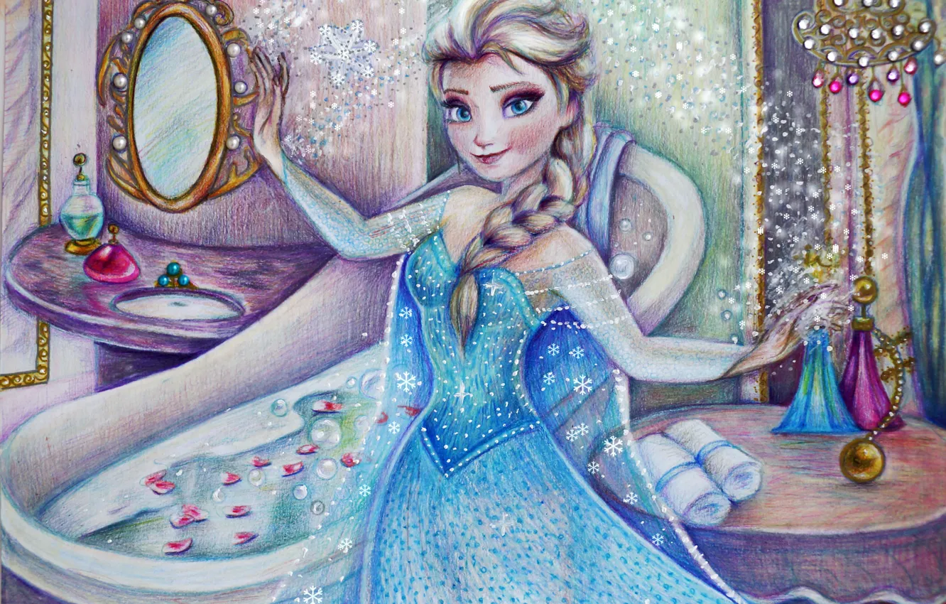 Фото обои девушка, рисунок, платье, Frozen, Disney, art, Elsa, Холодное сердце