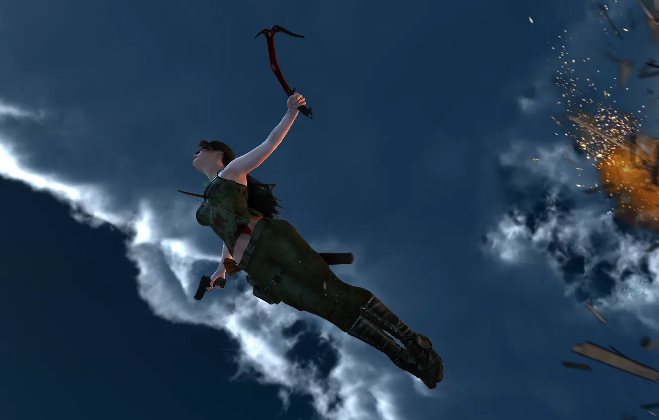 Фото обои небо, девушка, полет, взрыв, огонь, игра, арт, Lara Croft