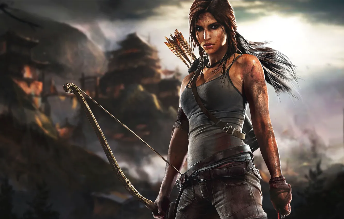 Фото обои грудь, девушка, лук, грязь, Tomb Raider, Лара Крофт, Square Enix, выживание