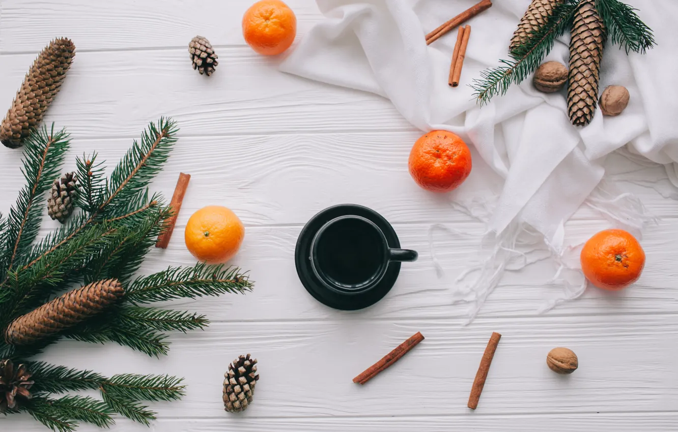 Фото обои украшения, Новый Год, Рождество, Christmas, wood, New Year, coffee cup, мандарины
