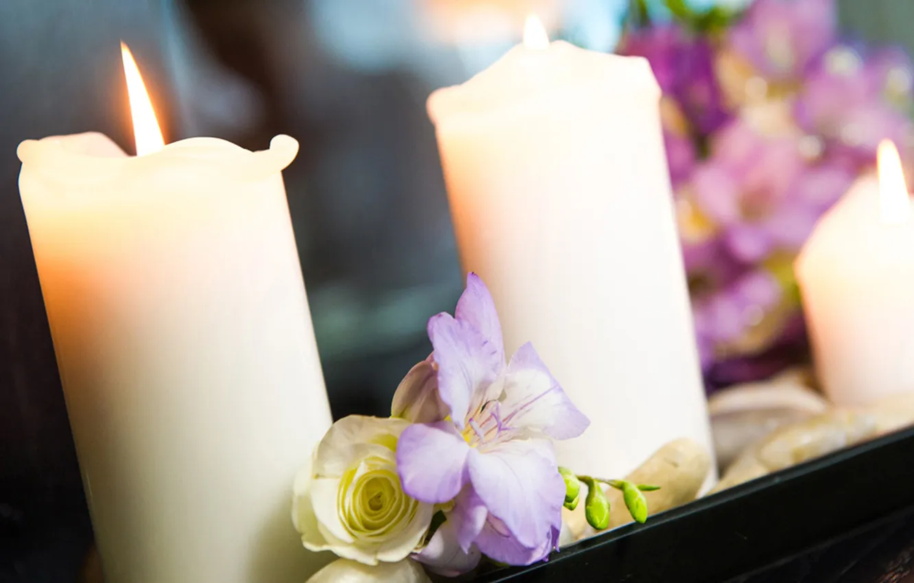 Фото обои цветы, букет, свечи, свадьба, боке