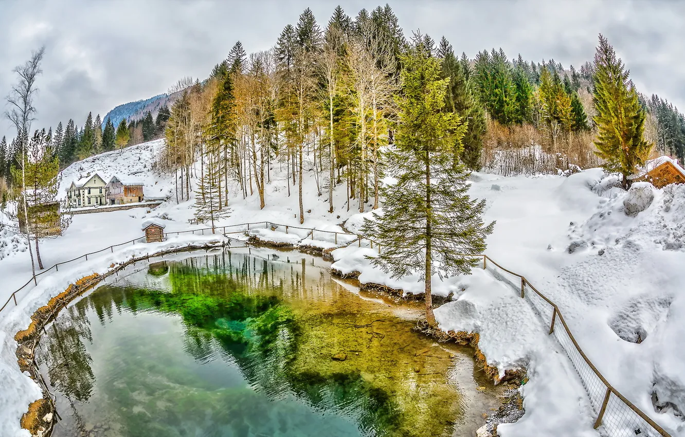Фото обои зима, пейзаж, озеро