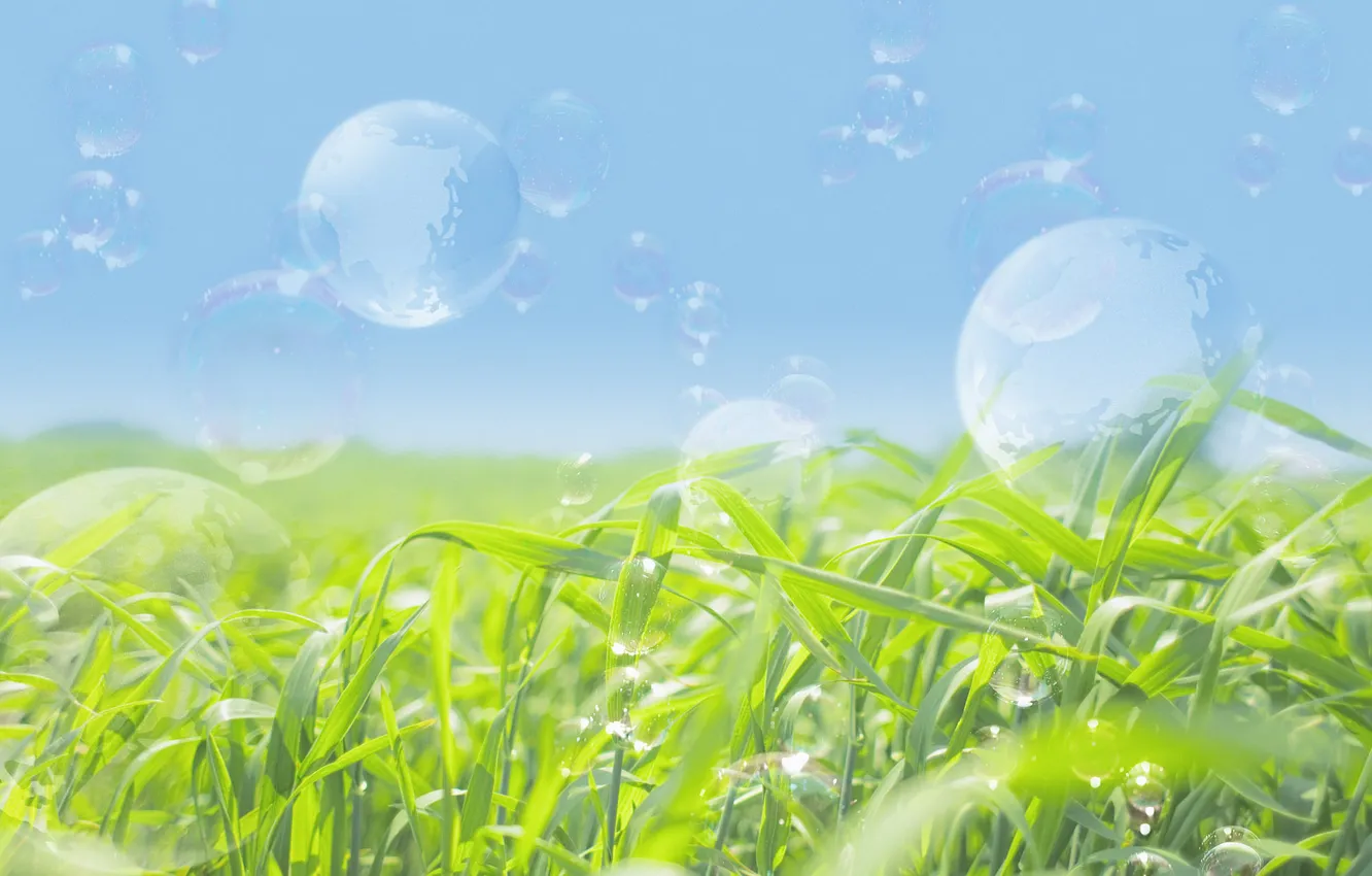 Фото обои зелень, небо, трава, пузыри, мыло, мыльные