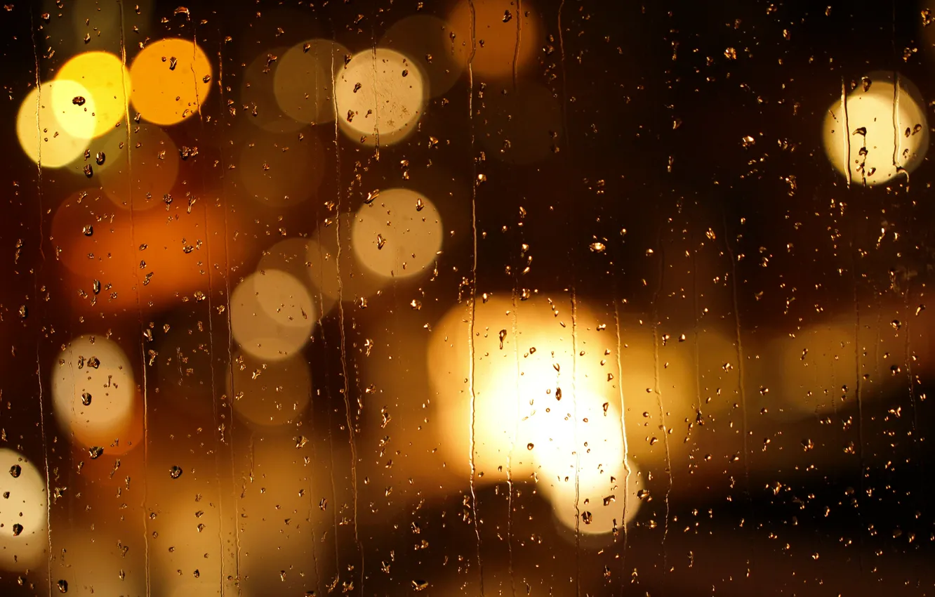 Фото обои грусть, стекло, капли, ночь, город, огни, блики, дождь