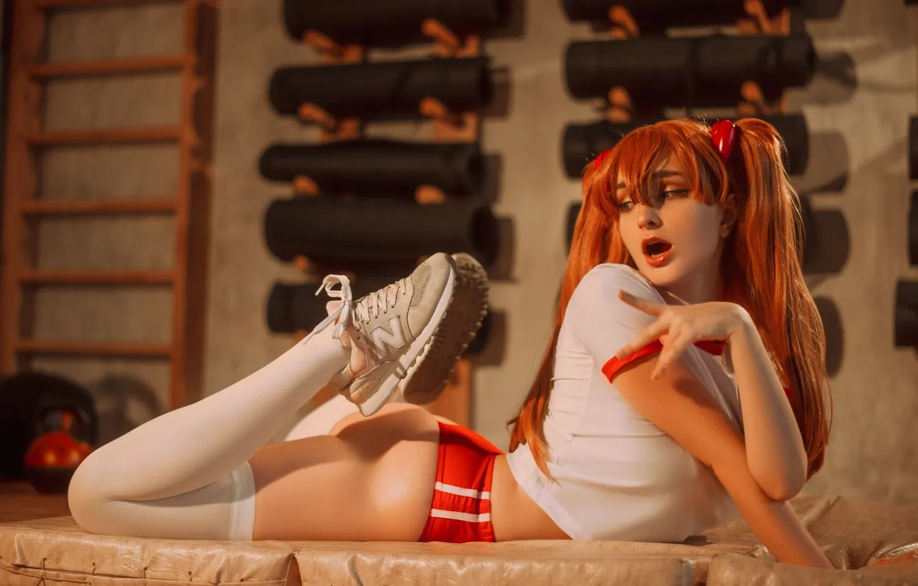 Фото обои girl, shorts, stockings, model, redhead, cosplay, nice, sneakers