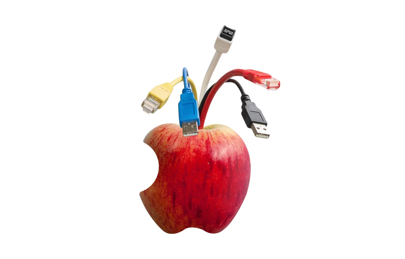Фото обои яблоко, разъёмы, кабеля