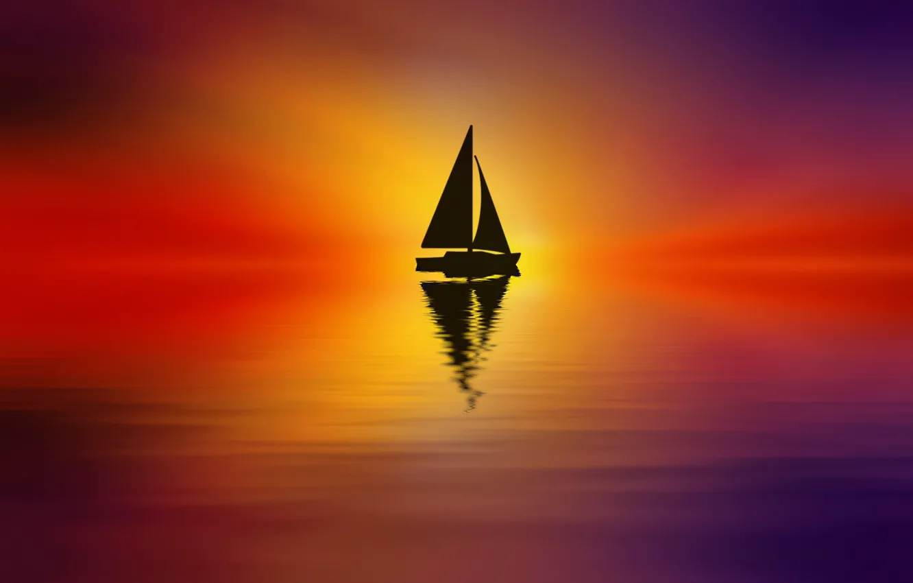Фото обои озеро, краски, корабль, парусник, стилизация, Josep Sumalla