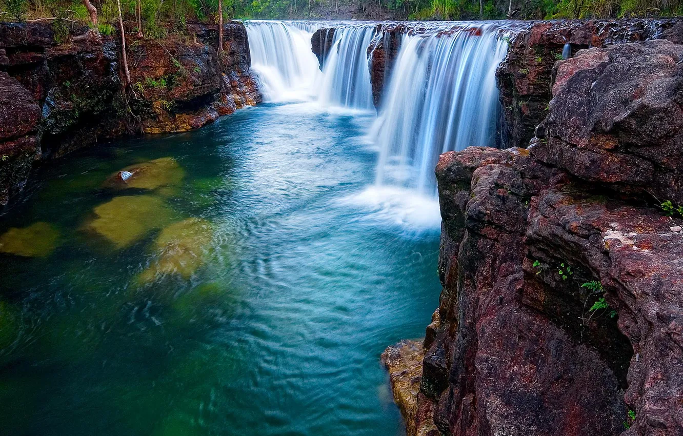 Фото обои лес, природа, река, скалы, водопад