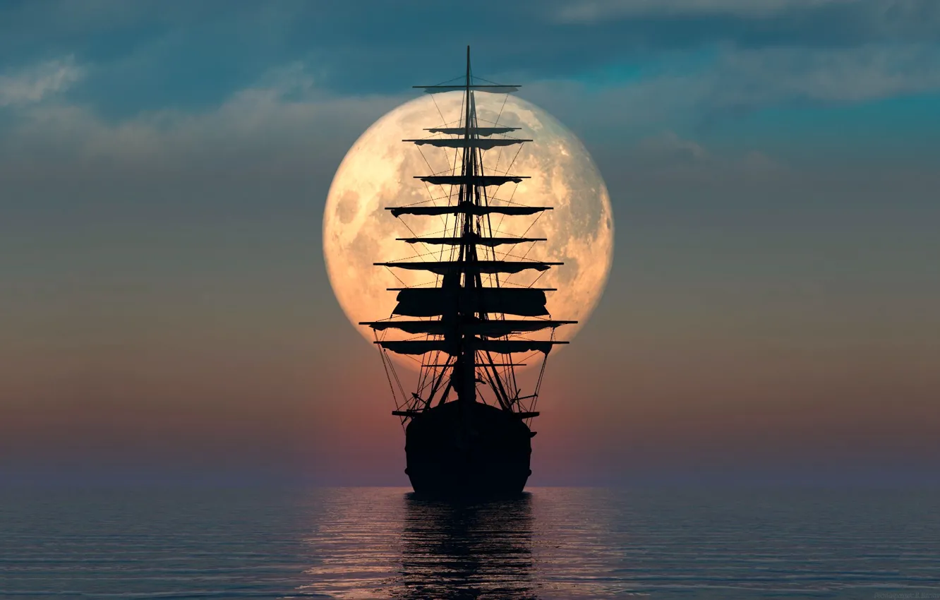 Фото обои море, луна, парусник, ремейк