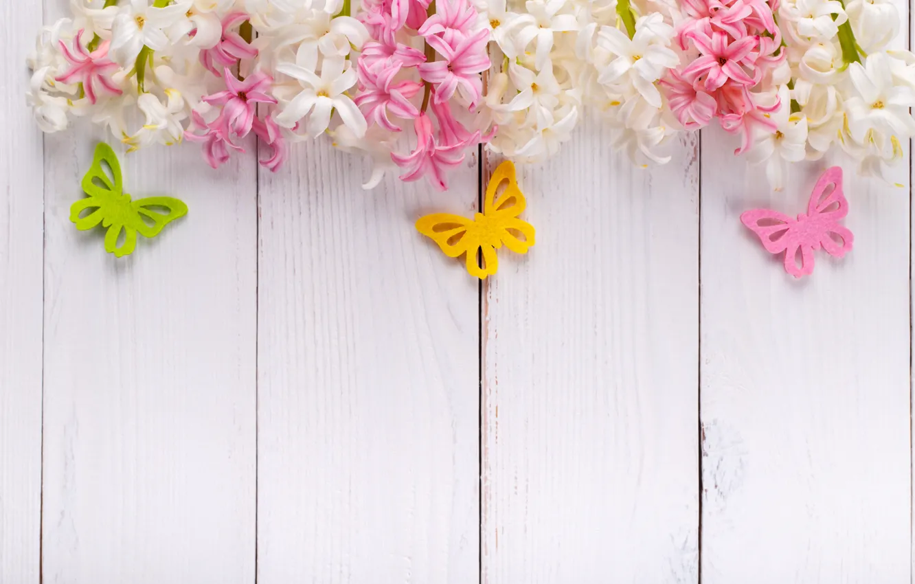 Фото обои бабочки, цветы, розовые, wood, pink, flowers, spring, гиацинты