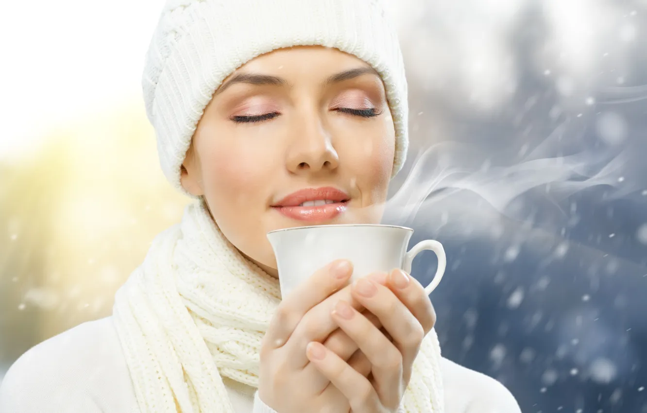 Фото обои зима, лицо, женщина, кофе, Девушки
