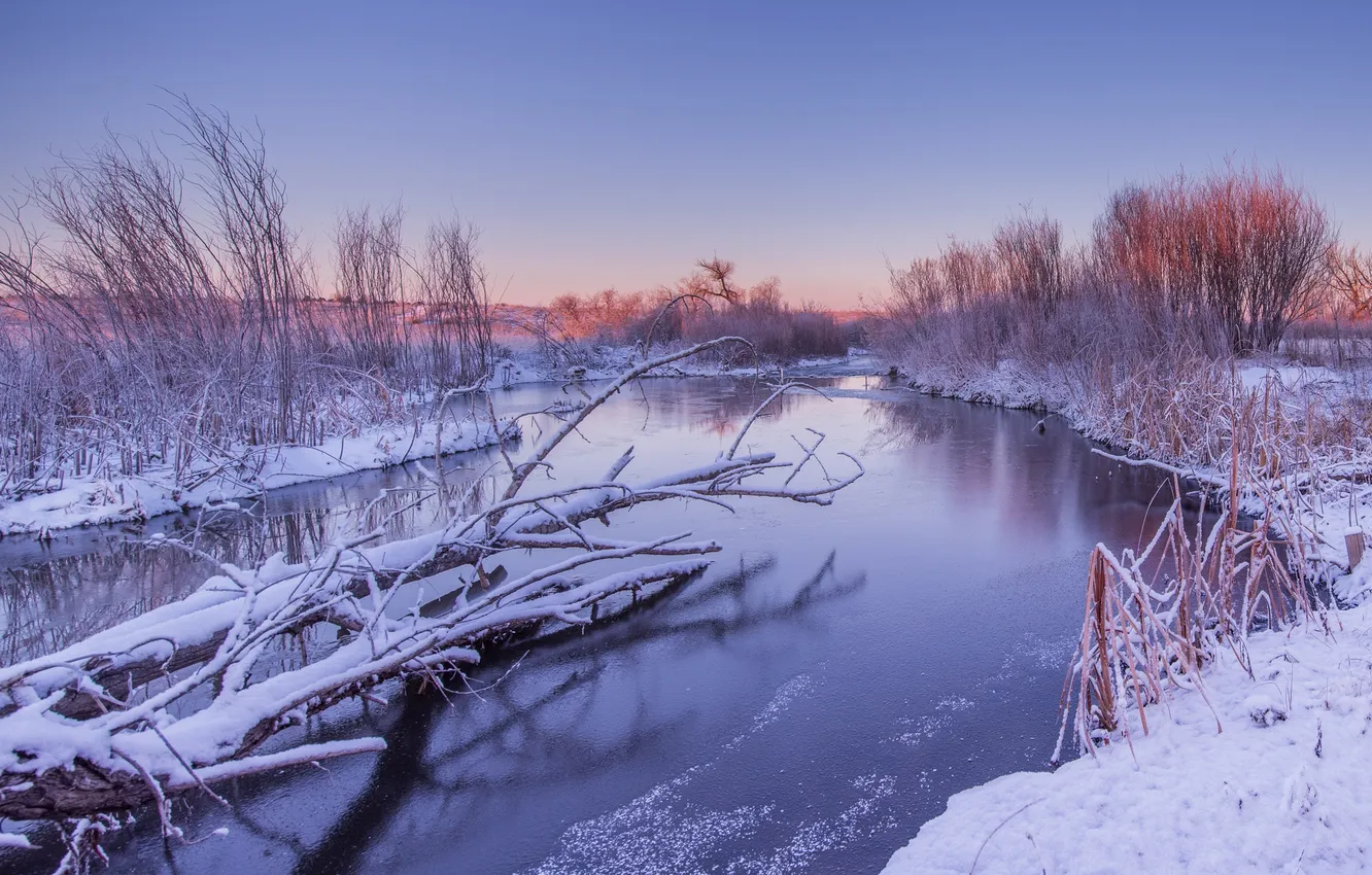 Фото обои зима, закат, река