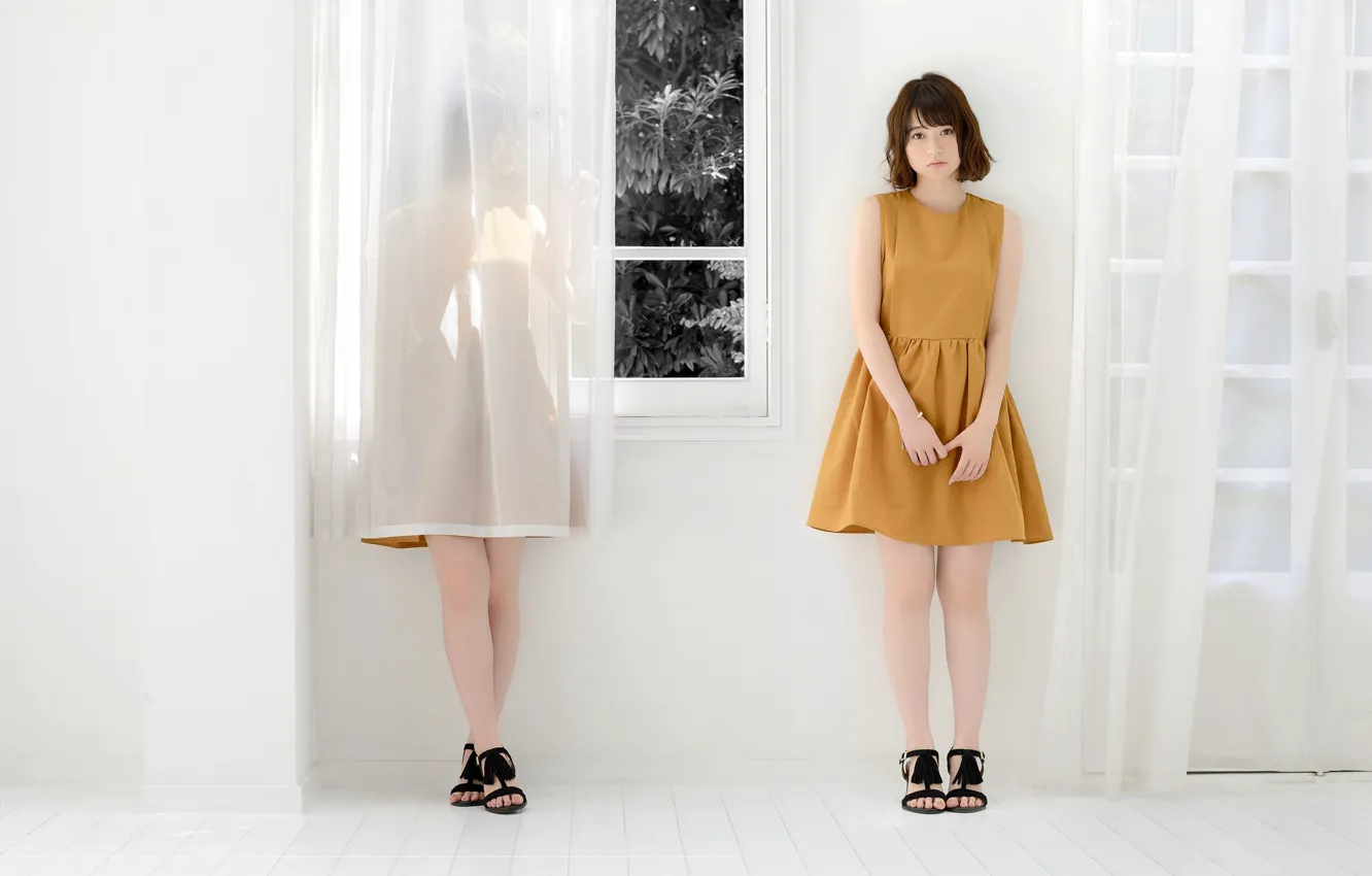 Фото обои девушка, платье, окно, азиатка