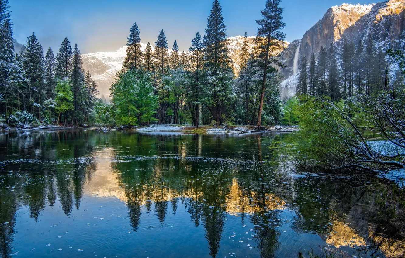 Фото обои зима, деревья, горы, природа, Калифорния, USA, США, Йосемити