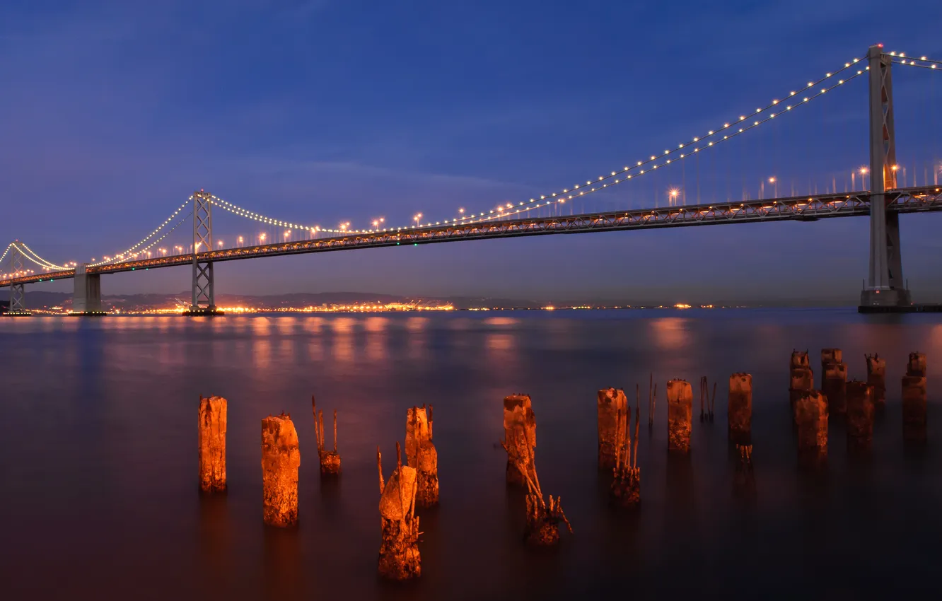 Фото обои вода, ночь, мост, огни, панорама, Сан-Франциско, Bay-bridge