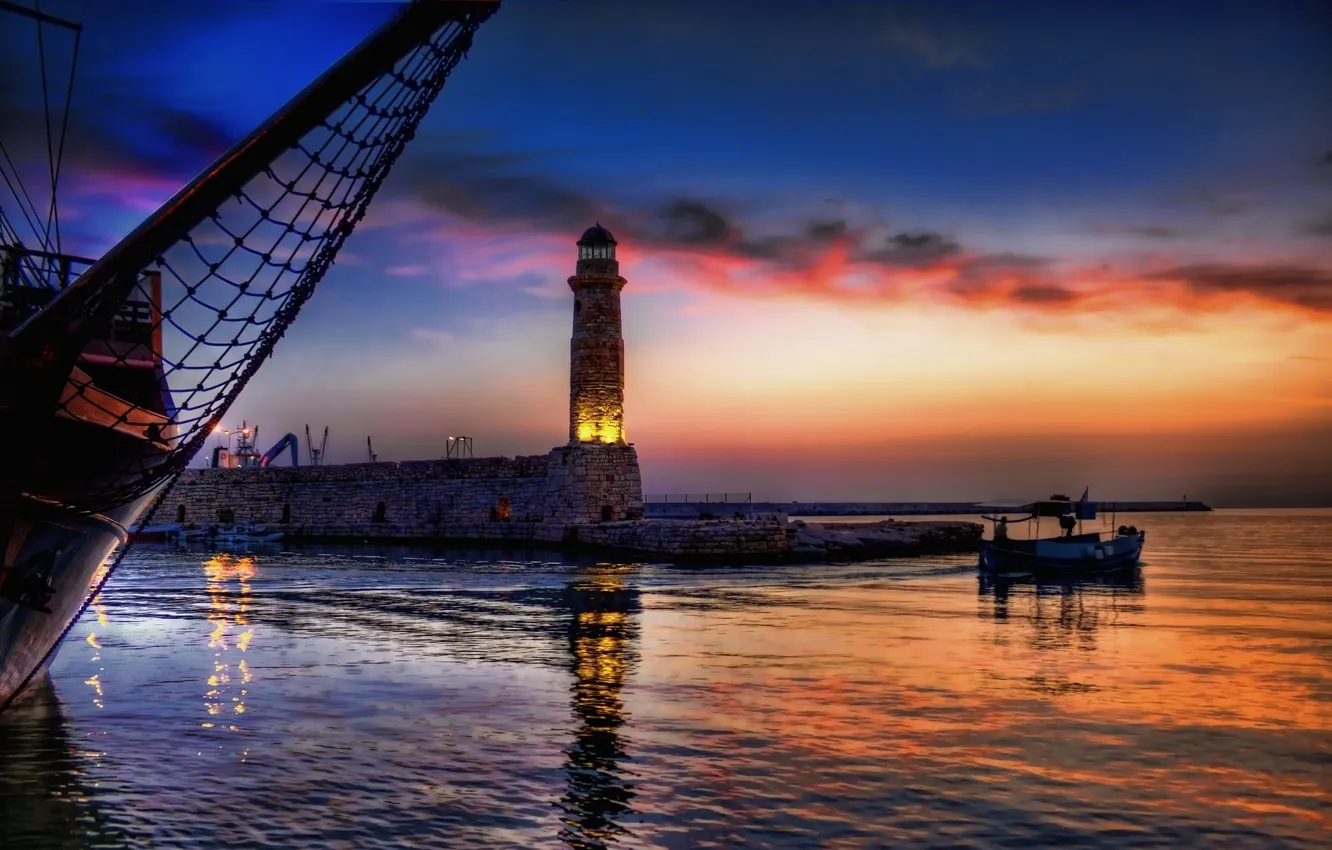 Фото обои море, маяк, лодки, вечер, пирс