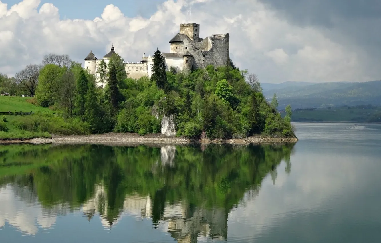Фото обои пейзаж, озеро, замок, остров, Poland, Niedzica Castle
