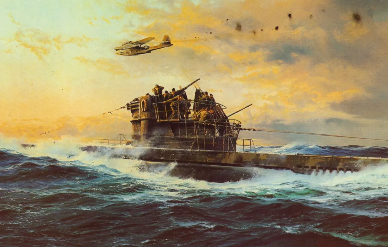 Фото обои рисунок, арт, самолёт, пoдлодка, Каталина