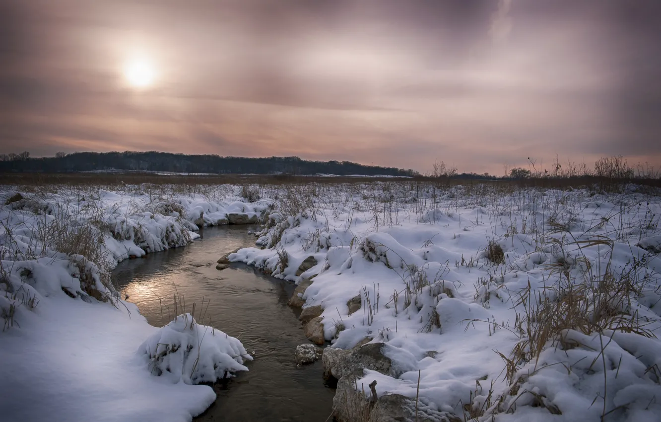 Фото обои зима, поле, лес, снег, река
