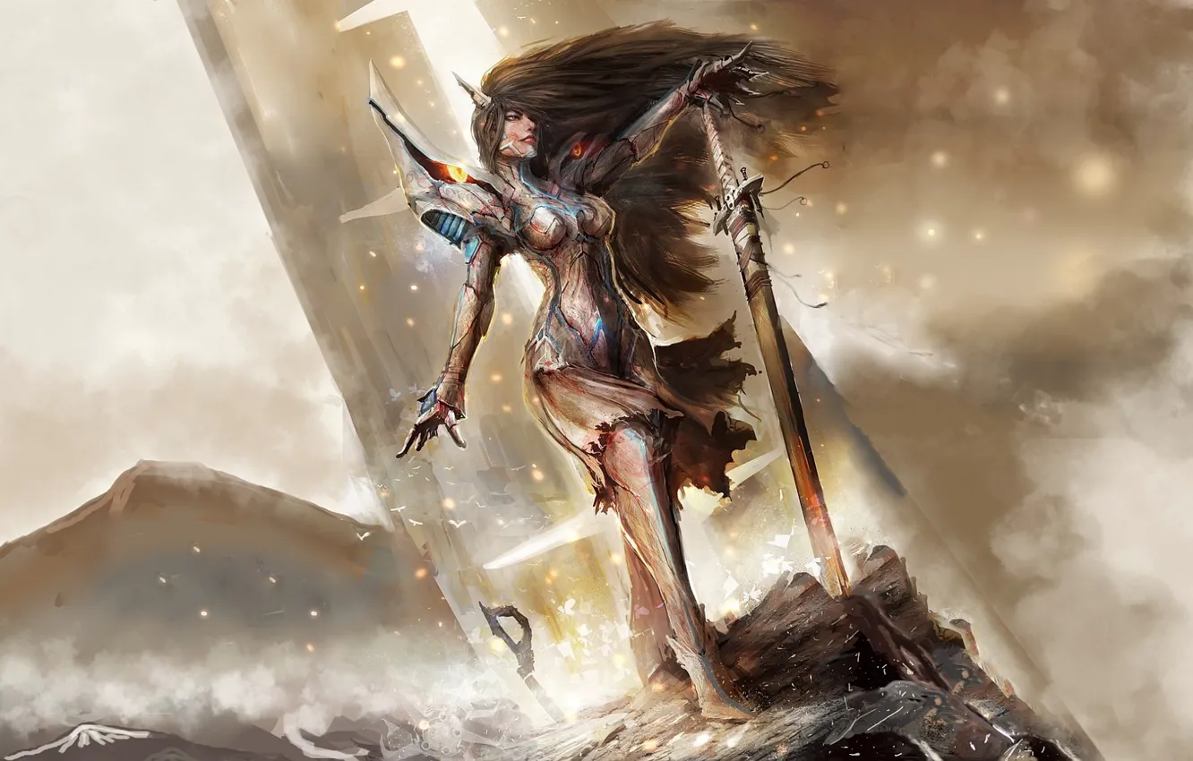 Фото обои girl, sword, fantasy, armor, weapon, Warrior, blue eyes, brunette