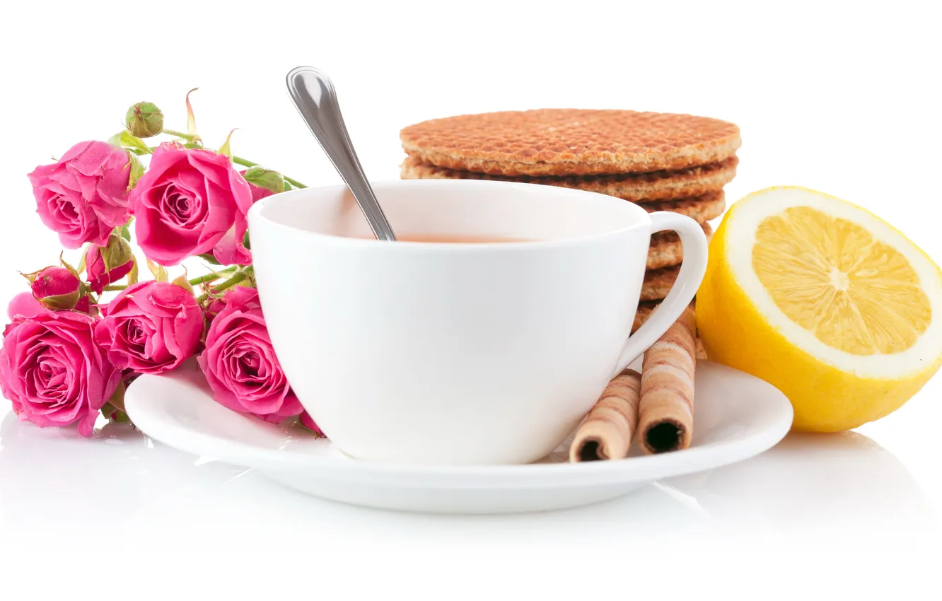 Фото обои лимон, розы, печенье, чашка чая