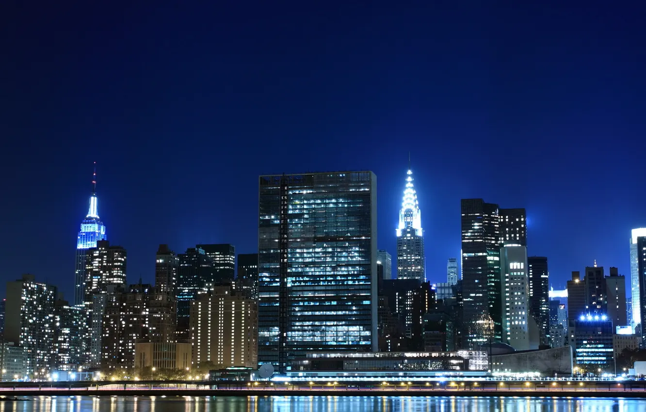 Фото обои свет, ночь, мегаполис, New York, высотки