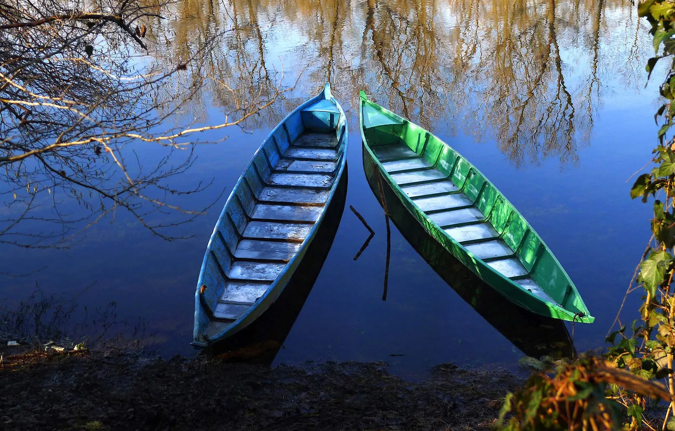 Фото обои вода, деревья, озеро, отражение, река, лодки