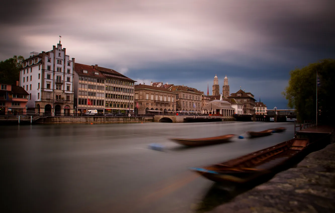 Фото обои мост, река, дома, размытие, лодки, Швейцария, Zurich