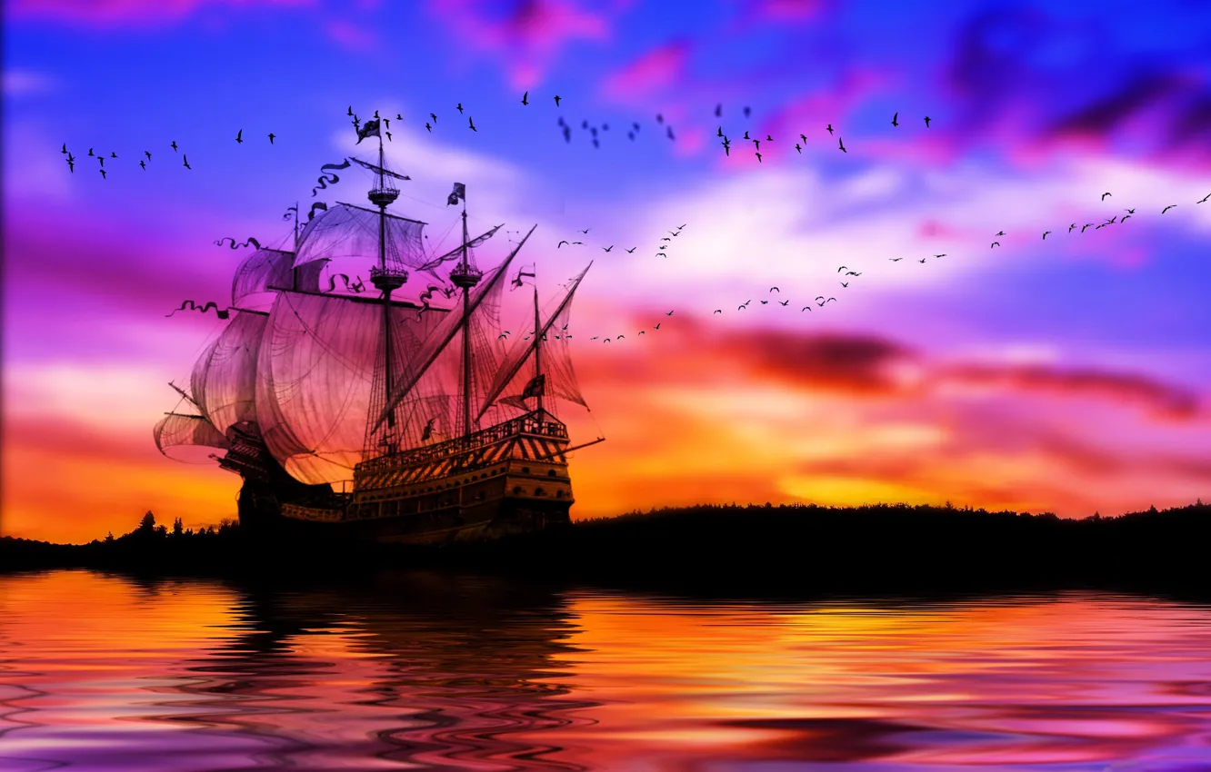 Фото обои море, небо, птицы, корабль, паруса, штиль