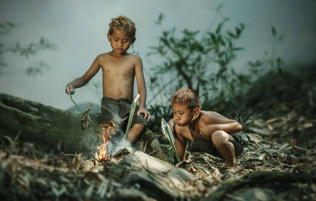 Фото обои man, child, asian, villager