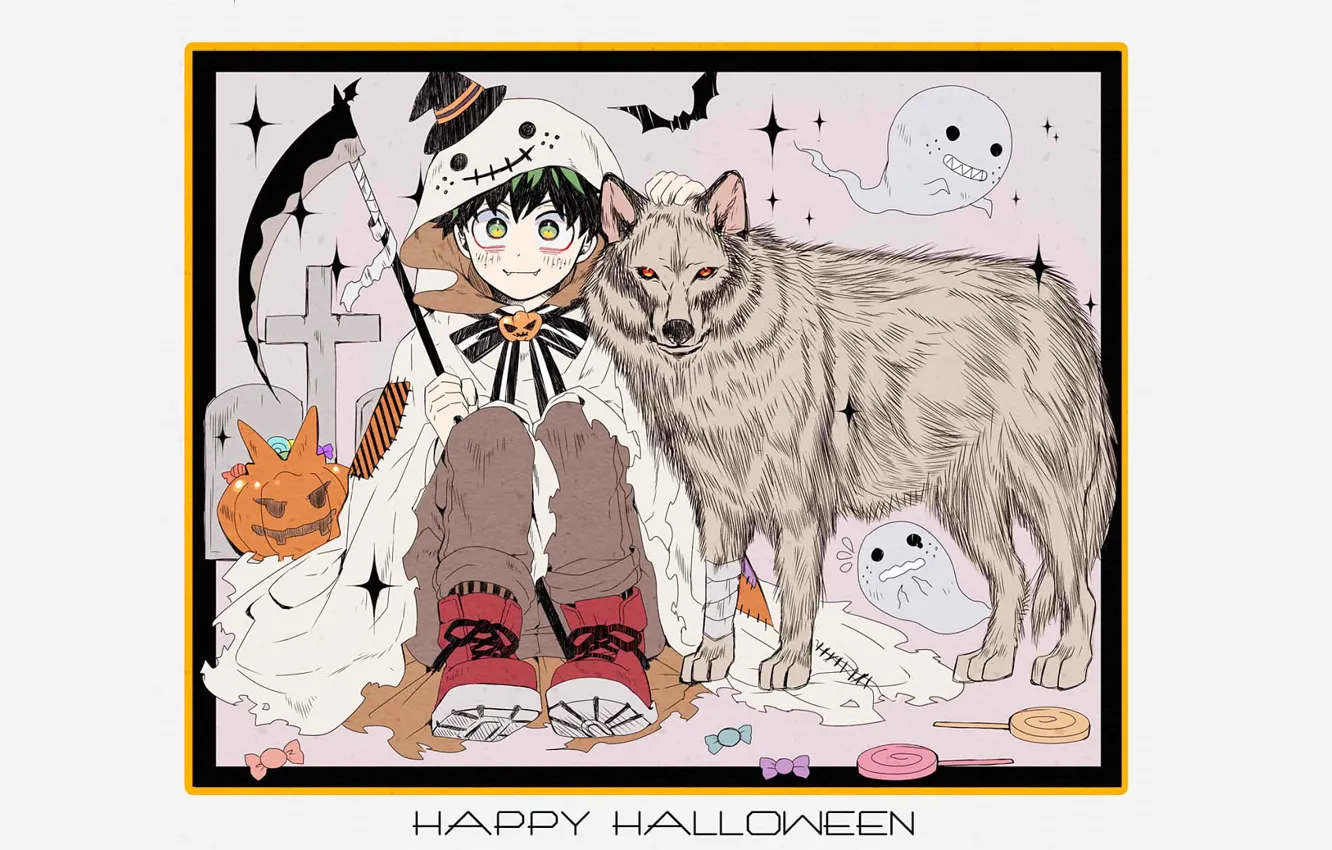 Фото обои волк, хеллоуин, My Hero Academia, Boku No Hero Academia, Мидория Изуку, Midoriya Izuku, Моя Геройская …