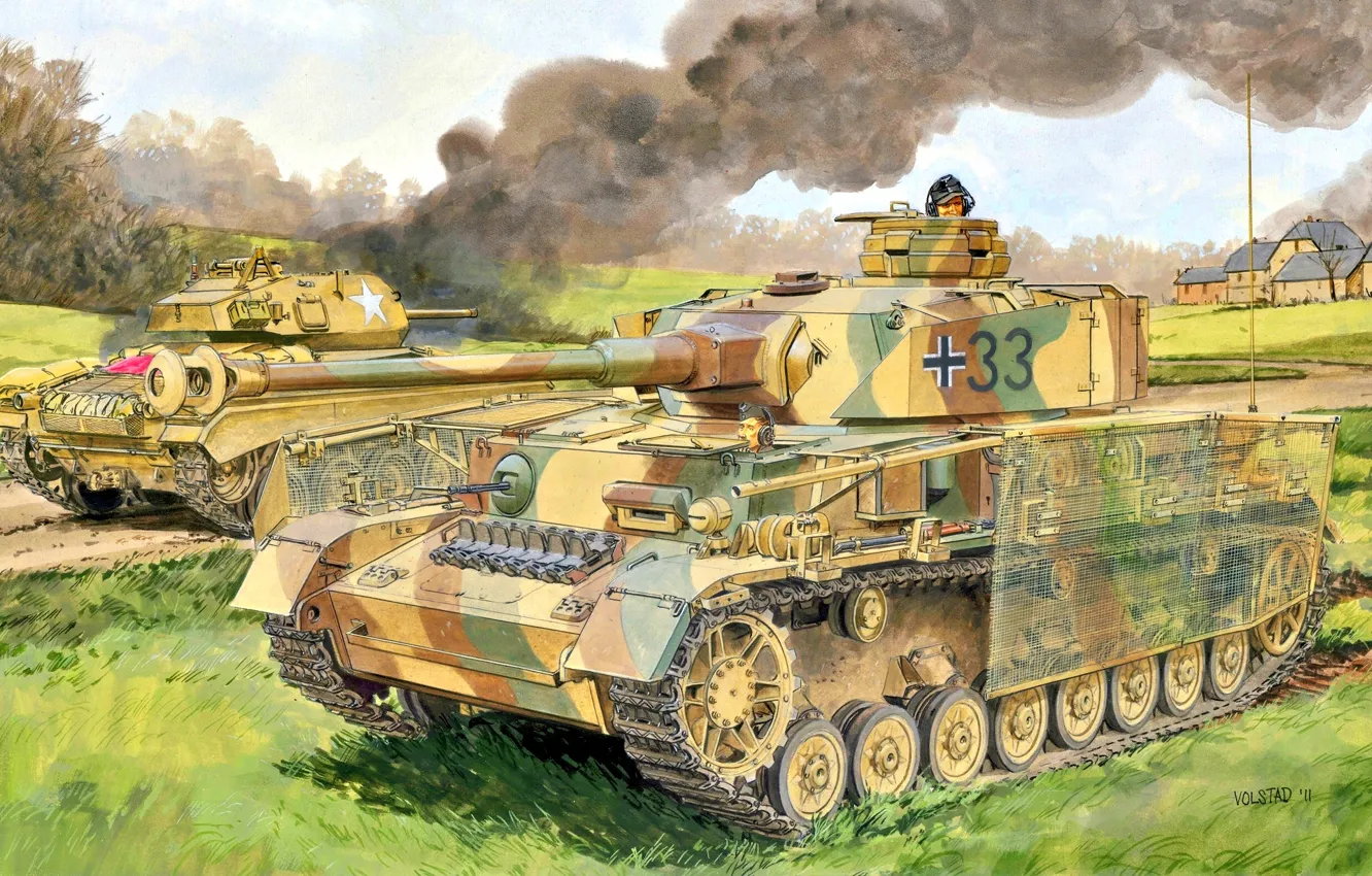 Фото обои Дым, танкист, US Army, Вторая Мировая война, Panzerwaffe, Чаффи, Pz.Kpfw IV Ausf J, лёгкий танк …