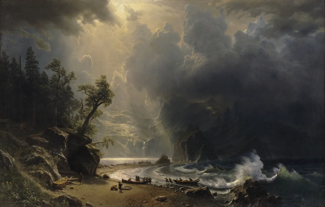 Фото обои облака, свет, горы, скалы, берег, волна, лодки, albert bierstadt