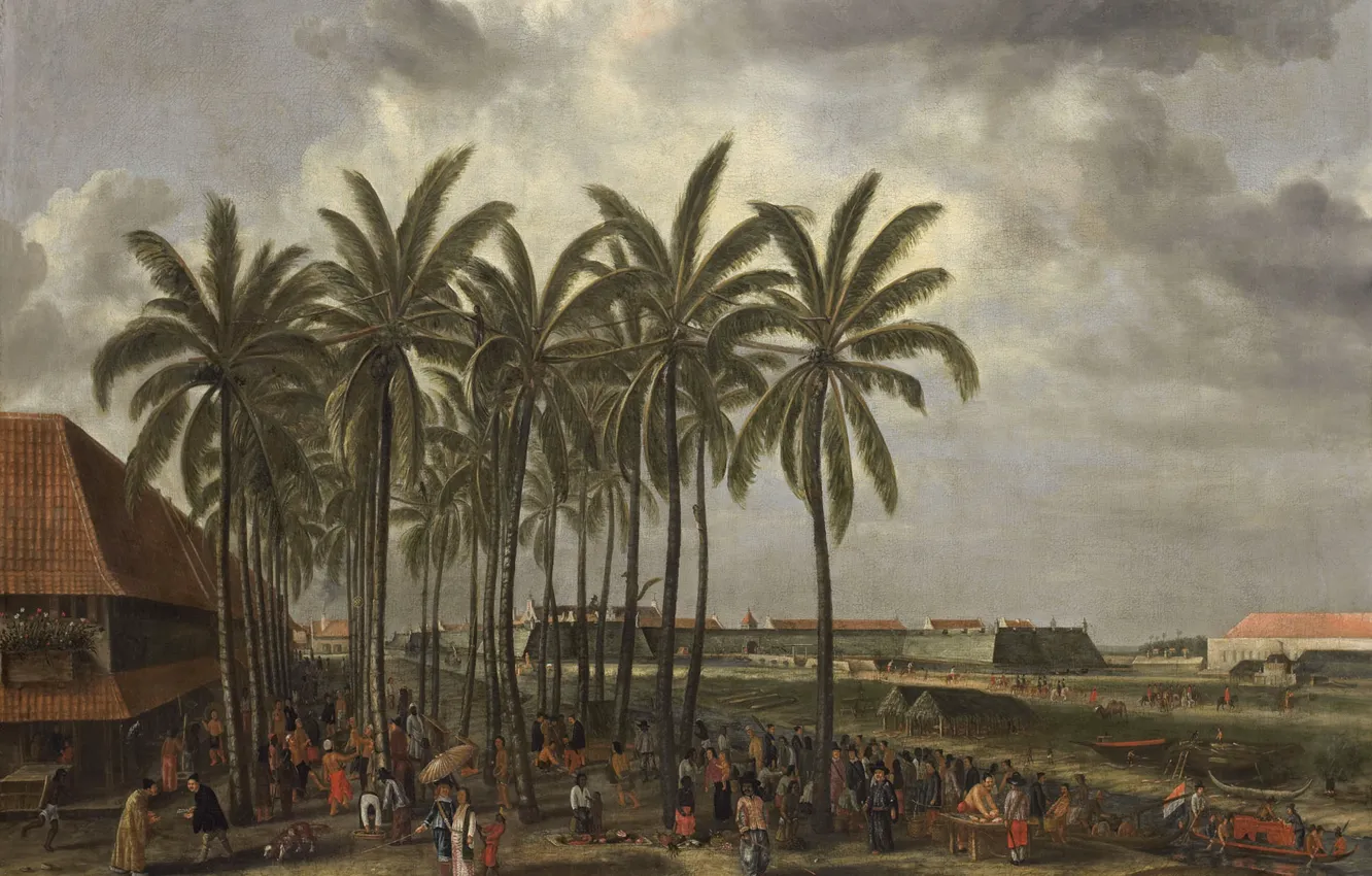 Фото обои пейзаж, масло, картина, холст, 1657, Andries Beeckman, Форт Батавии. На переднем плане рыбный рынок, Андрис …
