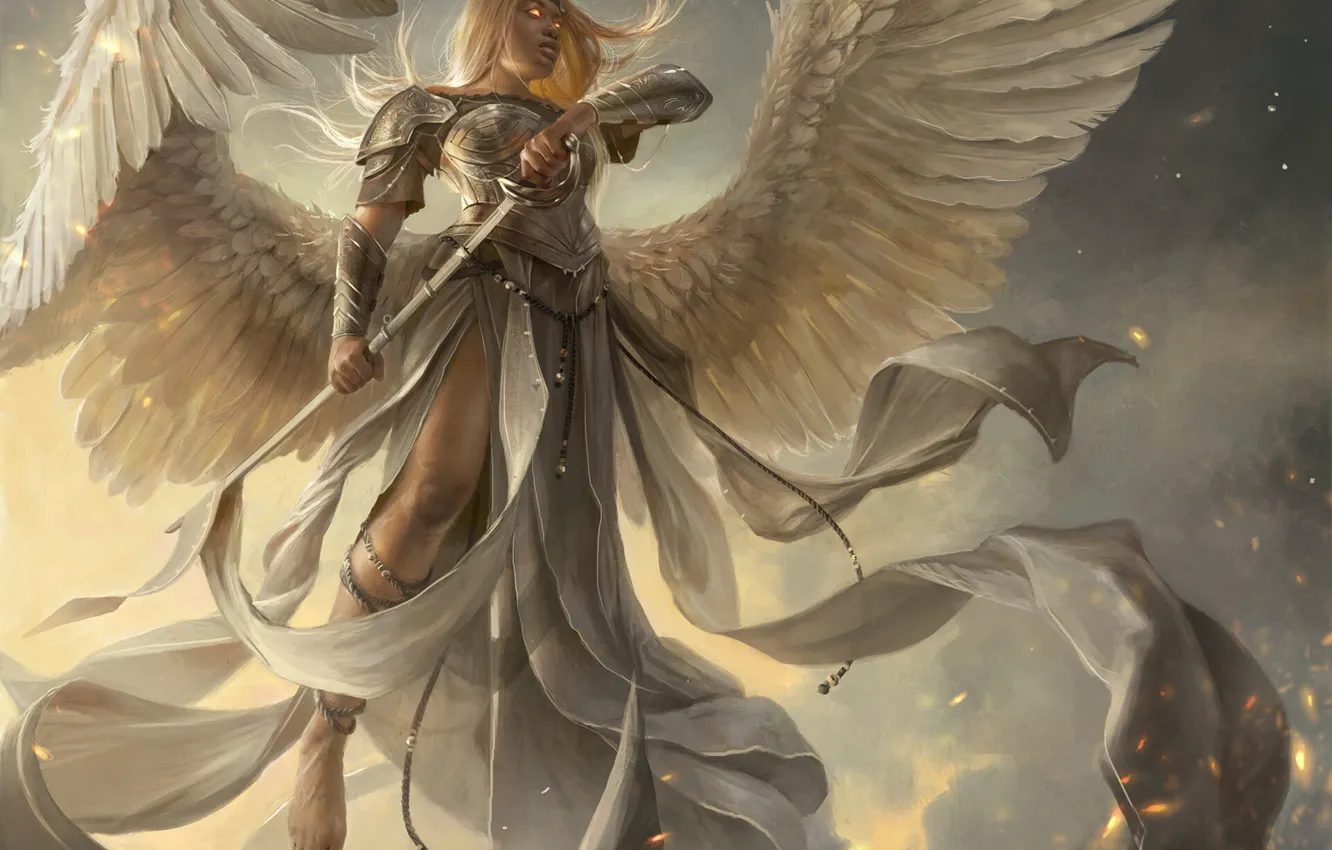 Фото обои girl, sword, fantasy, armor, wings, Angel, blonde, artwork